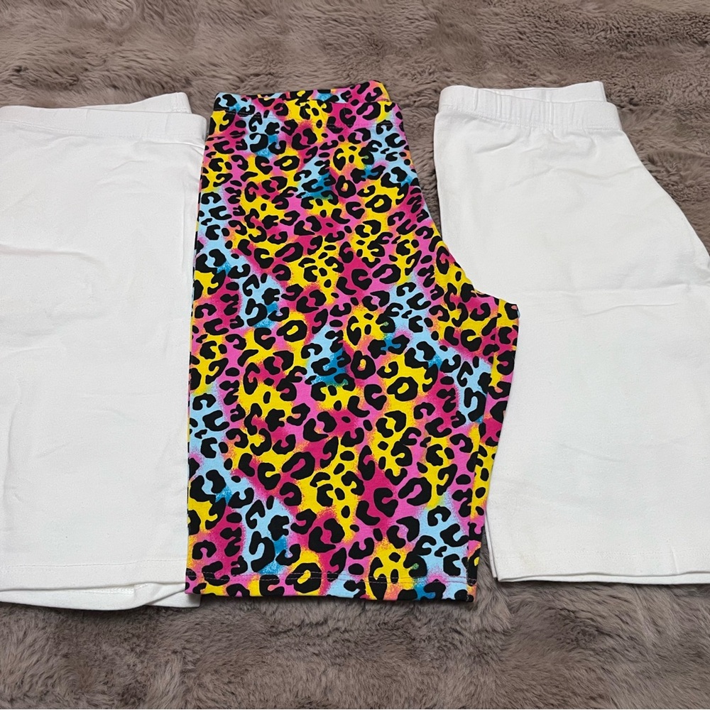 90's style neon leopard print shorts, 2 white, Lg 10/12